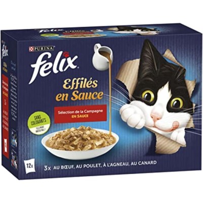 PURINA FELIX Pâtée pour chat Adulte effilés en sauce au bœuf, au poulet, l'agneau & canard