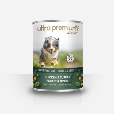 TERRINE POUR CHIENS POULET DINDE CAROTTES EPINARDS BOITE 400 GR